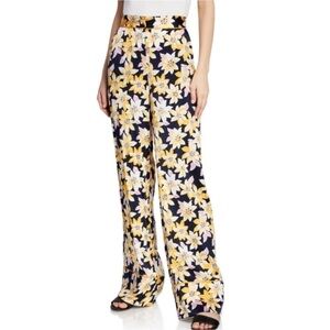 Cinq à Sept Margot Floral Wide Leg Silk Pants Dark Blue Yellow NWOT